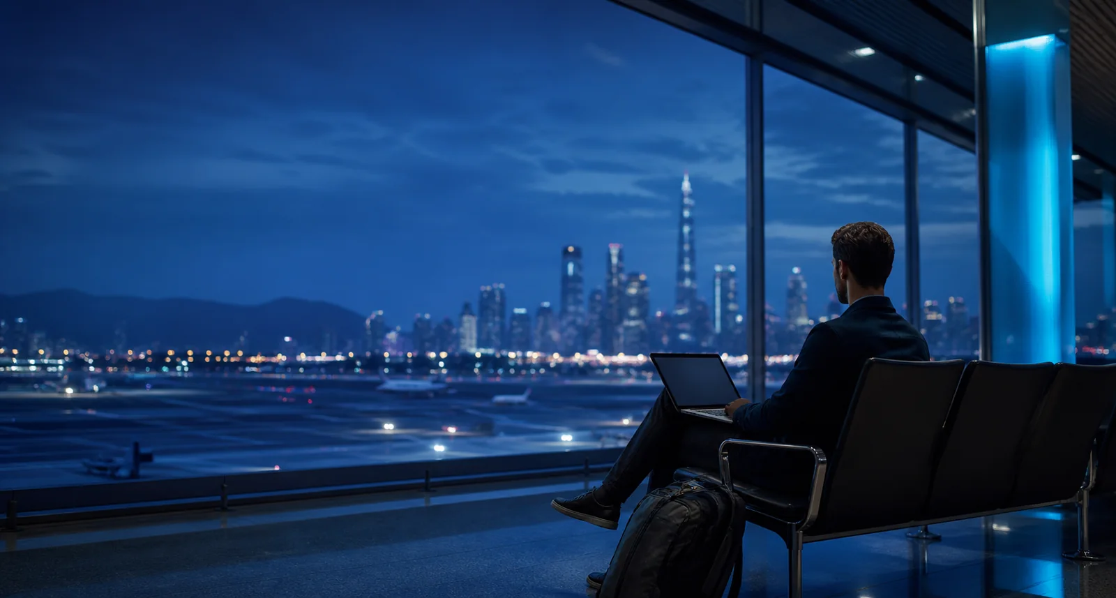 Traveller preparing a laptop connection in a modern airport at blue hour